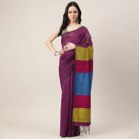 Rangrez – Linen by Linen PURPLE Jamdani Saree with Multicolour Pallu