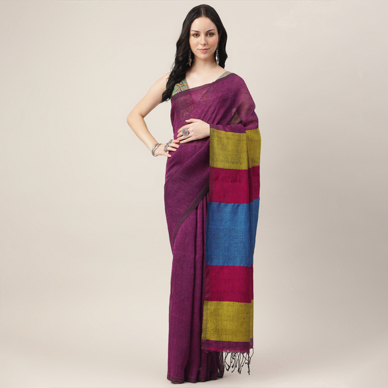 Rangrez – Linen by Linen PURPLE Jamdani Saree with Multicolour Pallu