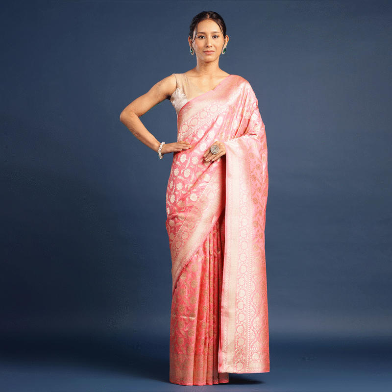 ONION PINK HANDWOVEN PURE KATAN SILKJAAL BANARASI SAREE