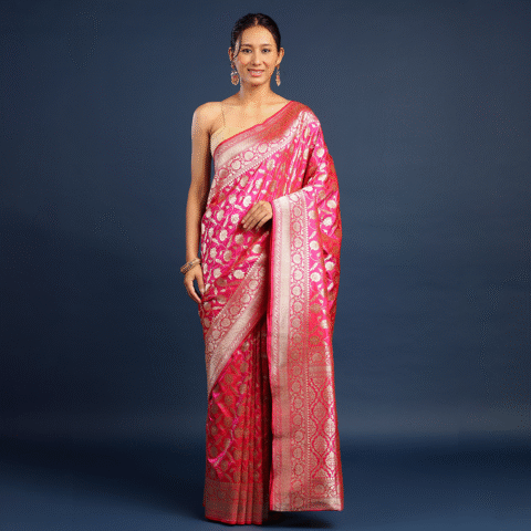 MAGENTA HANDWOVEN PURE KATAN SILK JAAL PATTERN BANARASI SAREE