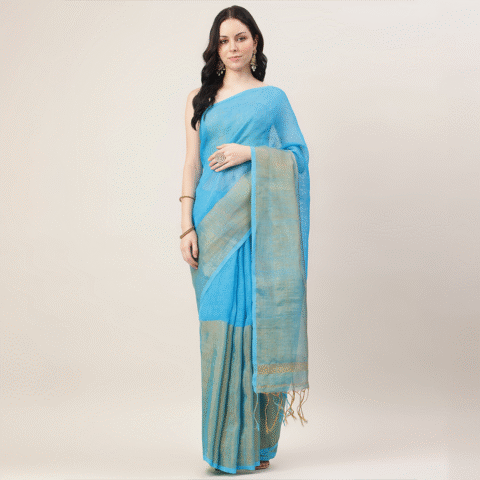 Nyra – Firozi Blue Handwoven Linen Tissue Saree