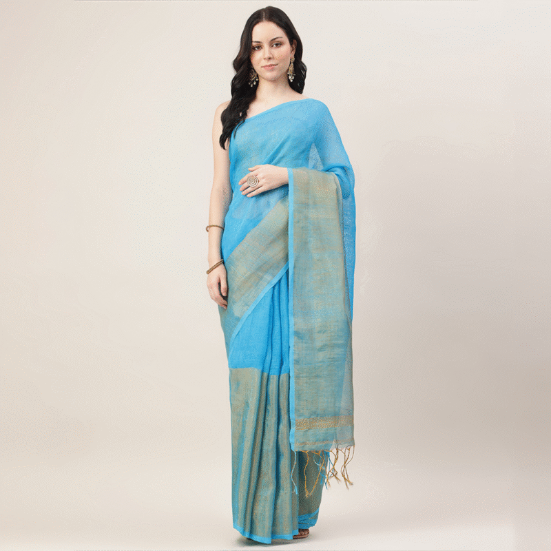 Nyra – Firozi Blue Handwoven Linen Tissue Saree