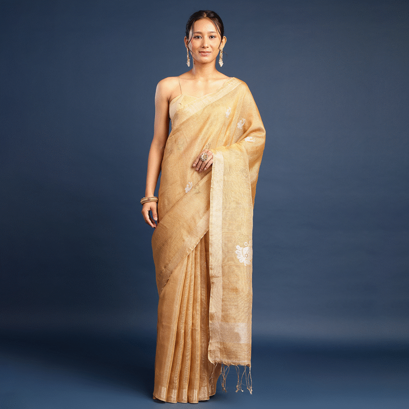Ziya – Golden Tissue Linen Handwoven Saree with Sona Rupa Jamdani Weaving (With Blouse)