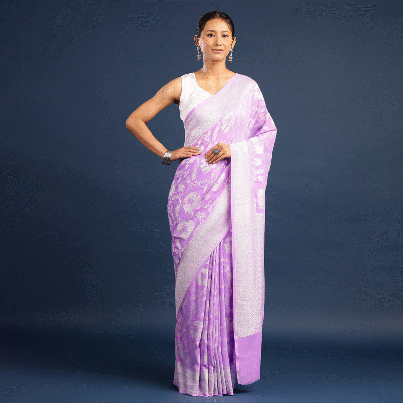 LAVENDER KHADDI GEORGETTE BANARASI SILK SAREE