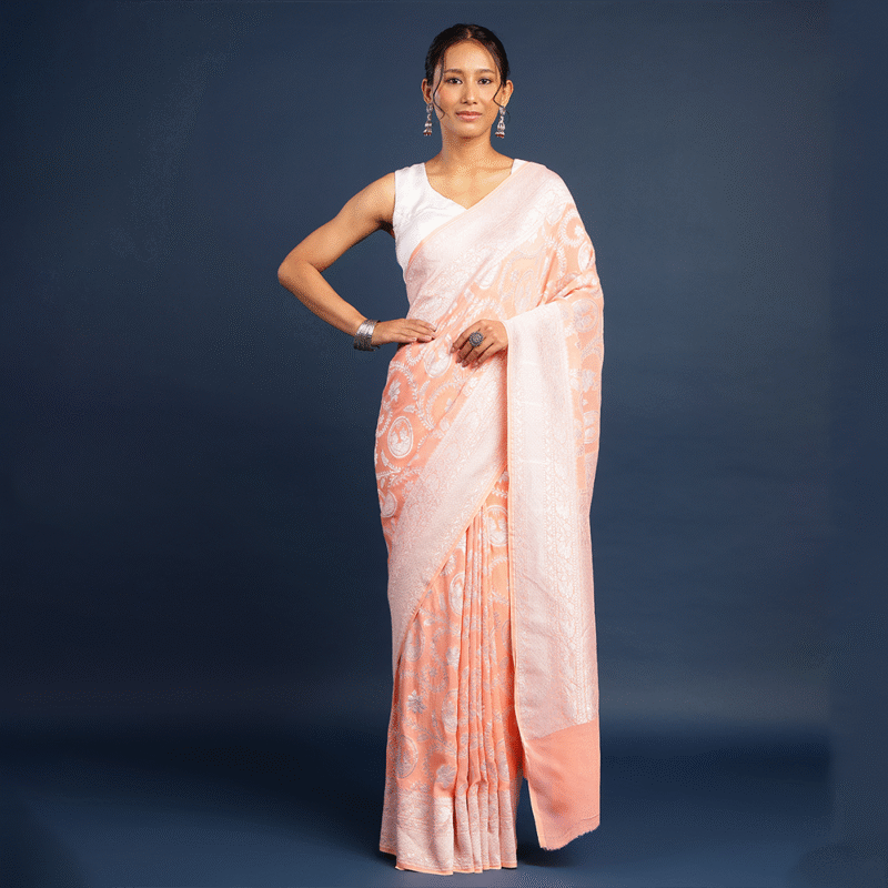 PEACH KHADDI GEORGETTE HANDWOVEN BANARASI SILK SAREE