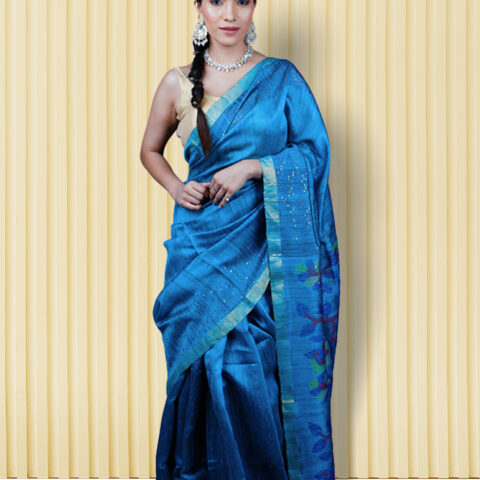 Cyan Blue Matka Silk Jamdani Saree