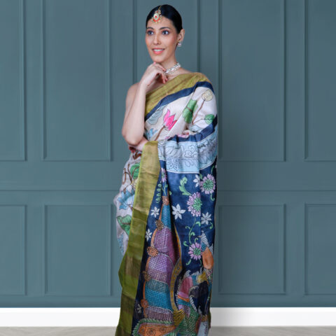Cream Floral Tussar Silk Kalamkari Handwoven Saree