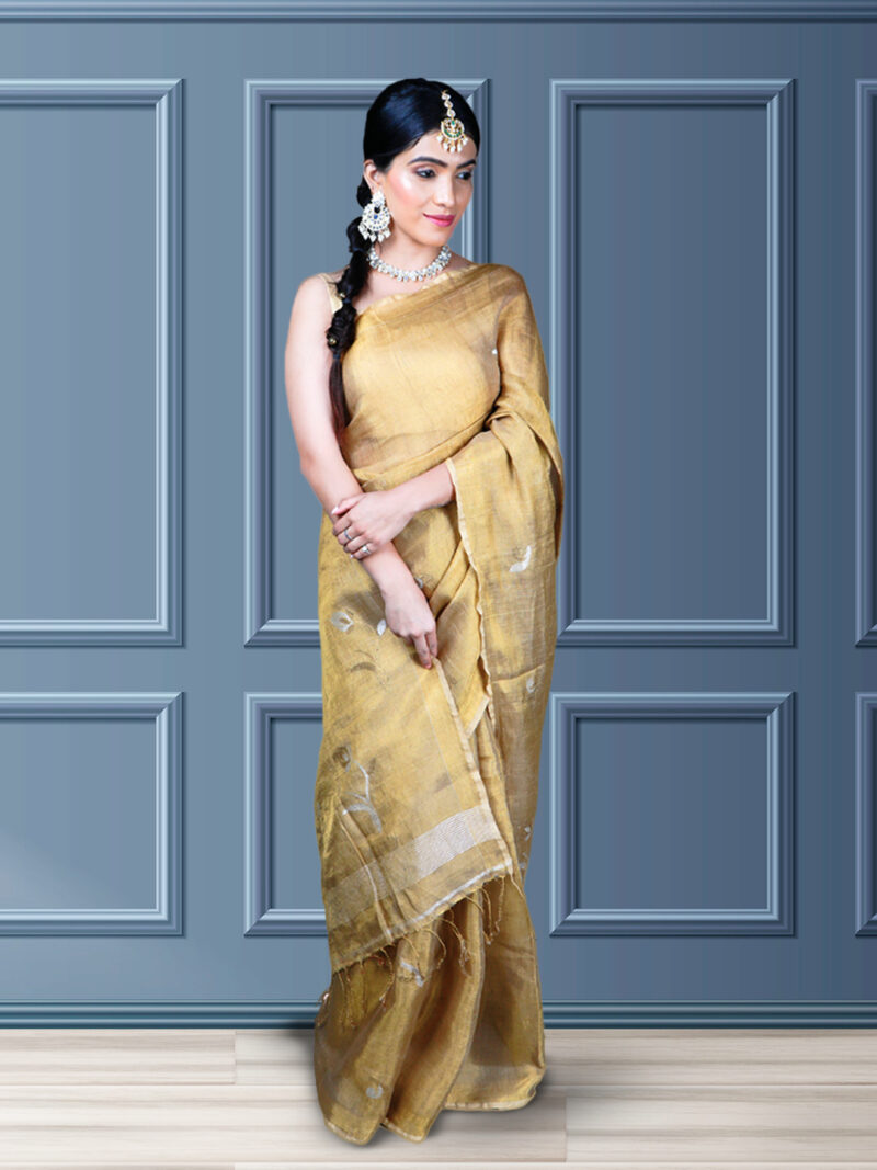 Golden Floral Tissue by Linen Saree - Image 2