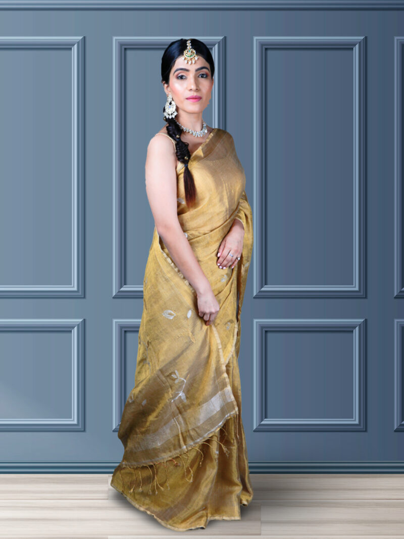Golden Floral Tissue by Linen Saree - Image 3