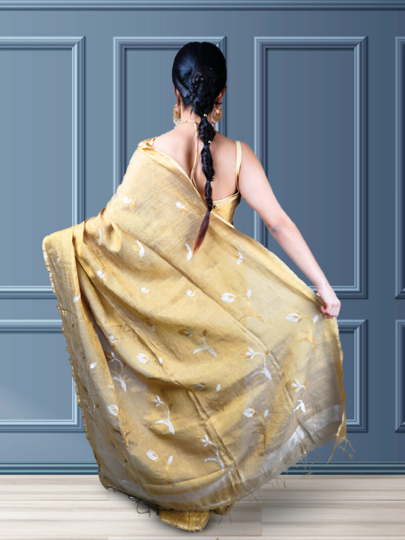 Golden Floral Tissue by Linen Saree - Image 4
