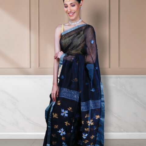 Black Sitara Pure Muslin Silk by Linen Handwoven Saree