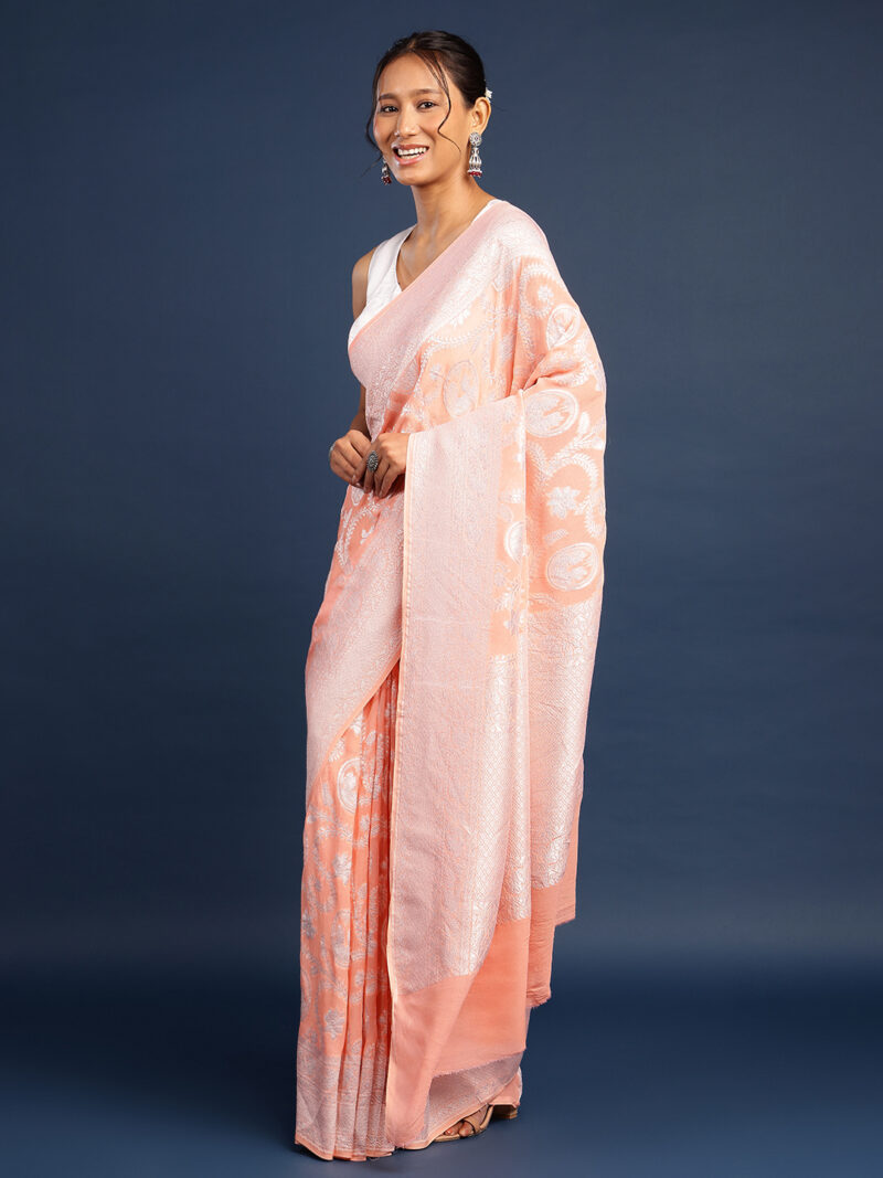 PEACH KHADDI GEORGETTE HANDWOVEN BANARASI SILK SAREE - Image 2