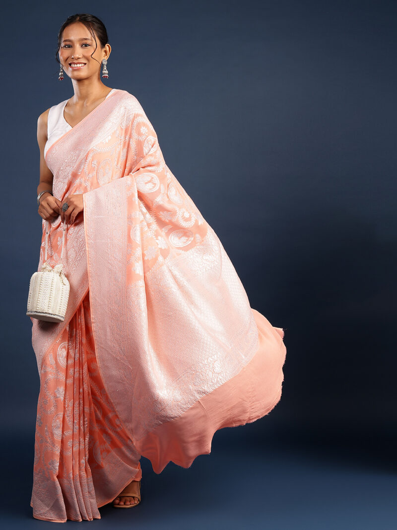PEACH KHADDI GEORGETTE HANDWOVEN BANARASI SILK SAREE - Image 4
