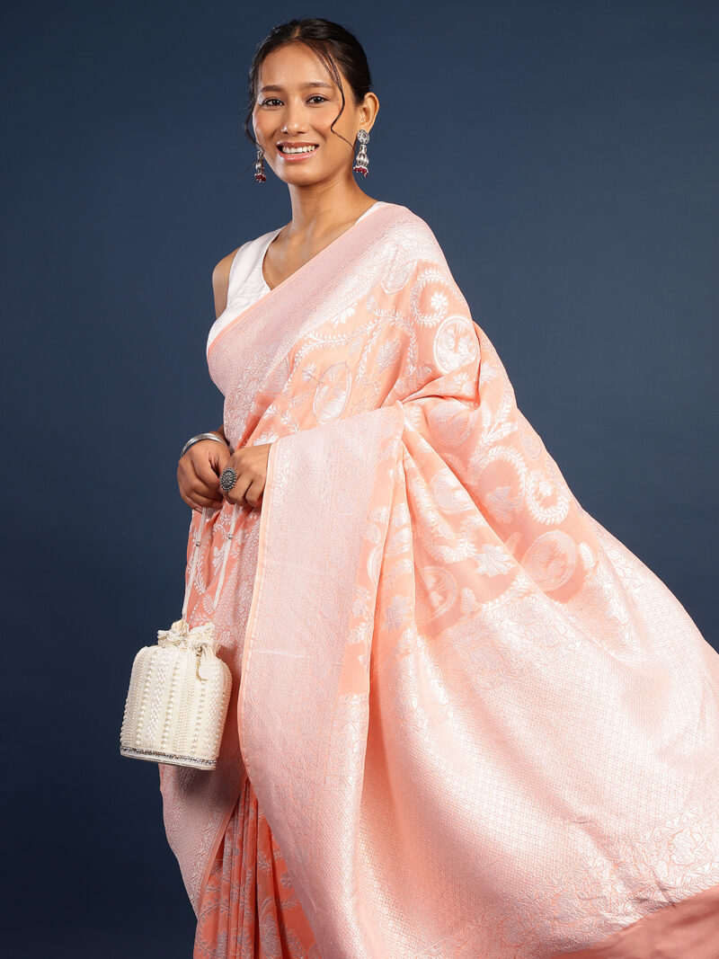 PEACH KHADDI GEORGETTE HANDWOVEN BANARASI SILK SAREE - Image 5