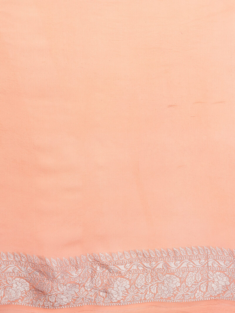 PEACH KHADDI GEORGETTE HANDWOVEN BANARASI SILK SAREE - Image 7
