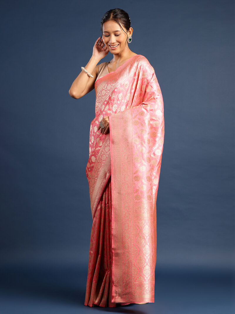 ONION PINK HANDWOVEN PURE KATAN SILKJAAL BANARASI SAREE - Image 2