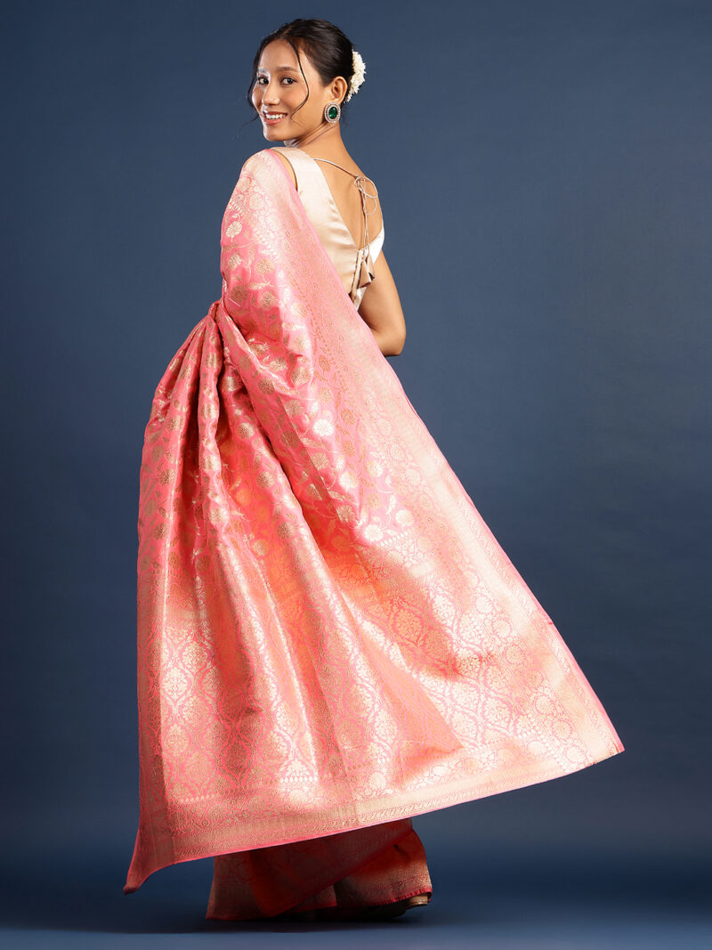 ONION PINK HANDWOVEN PURE KATAN SILKJAAL BANARASI SAREE - Image 3
