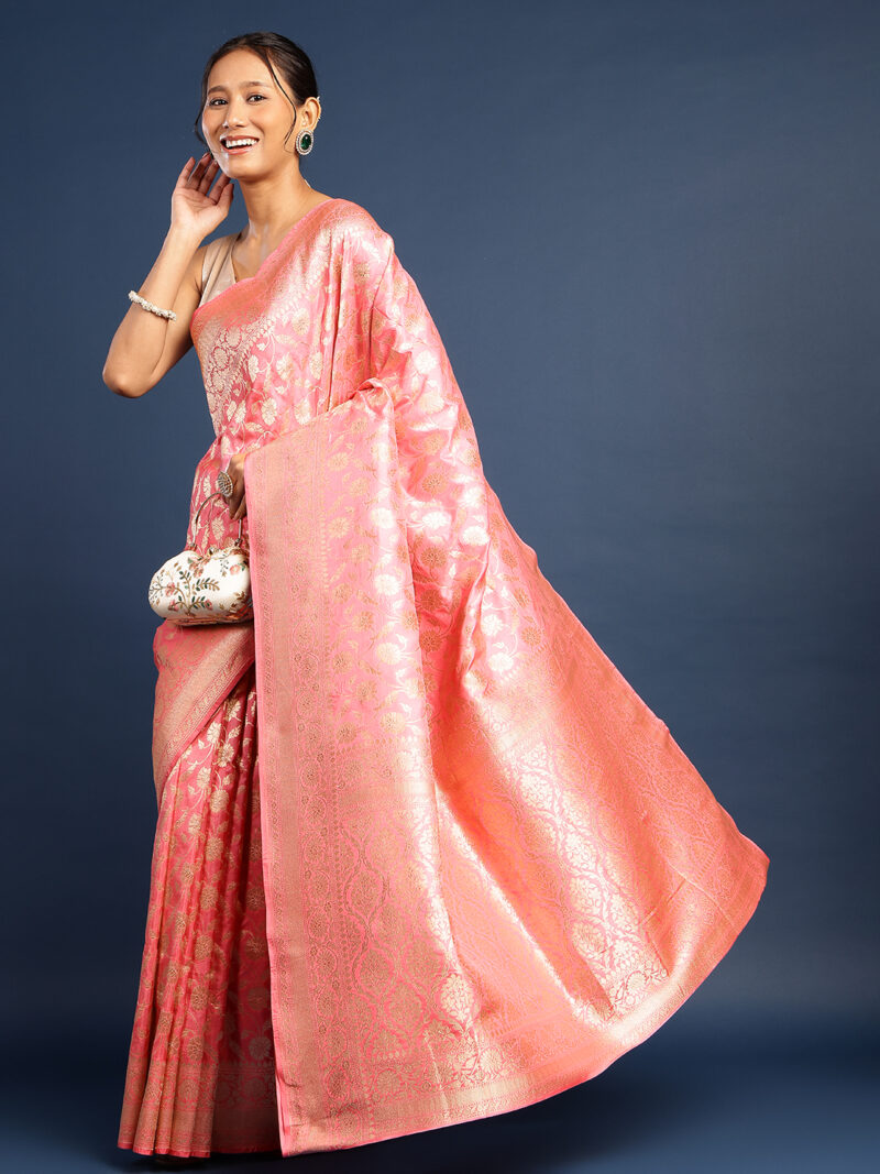 ONION PINK HANDWOVEN PURE KATAN SILKJAAL BANARASI SAREE - Image 4