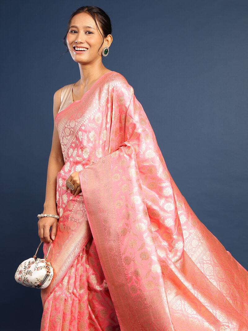 ONION PINK HANDWOVEN PURE KATAN SILKJAAL BANARASI SAREE - Image 5