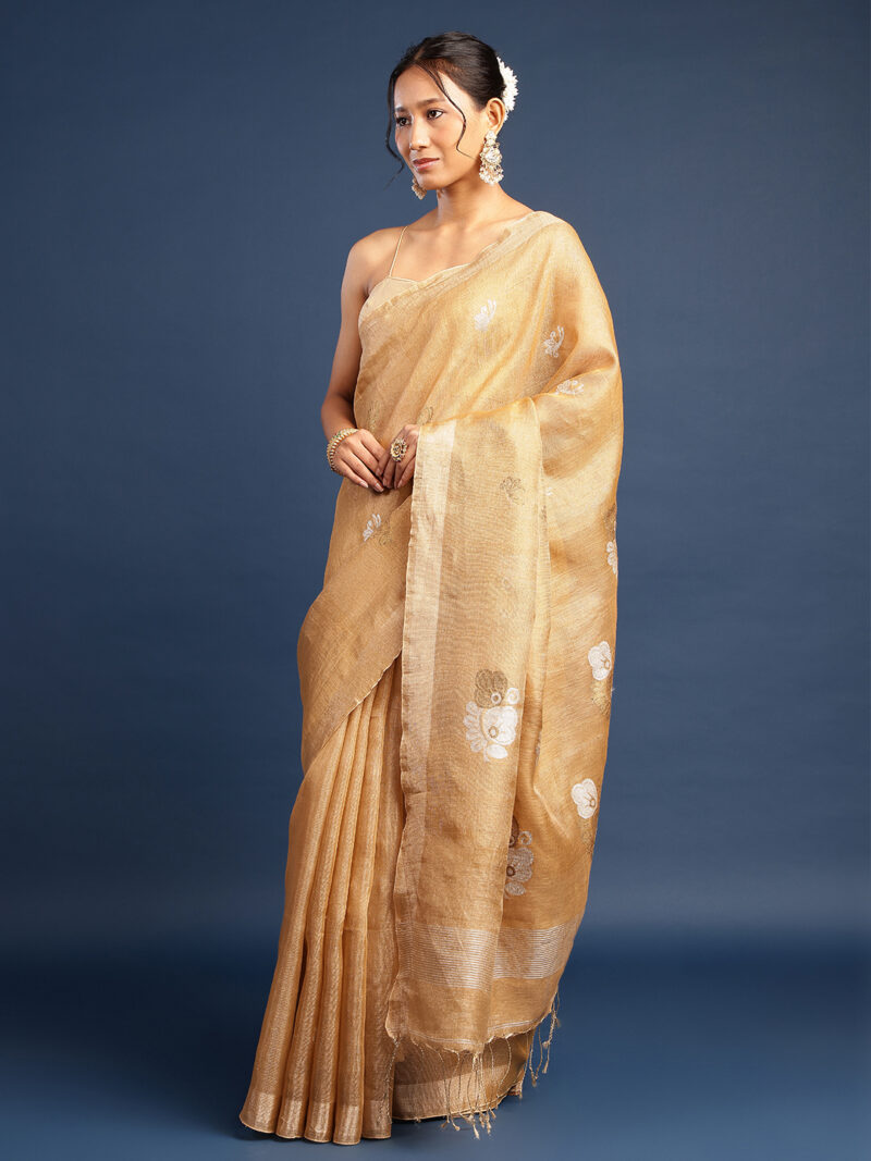 Ziya – Golden Tissue Linen Handwoven Saree with Sona Rupa Jamdani Weaving (With Blouse) - Image 2