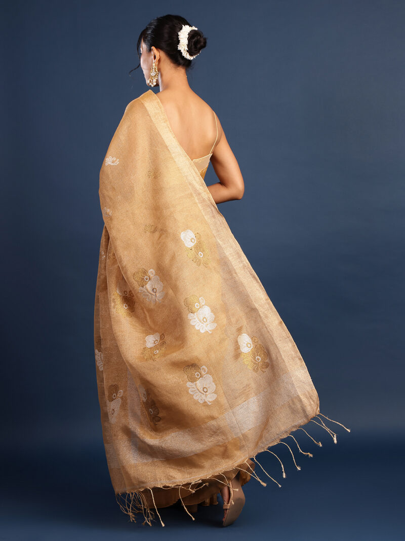 Ziya – Golden Tissue Linen Handwoven Saree with Sona Rupa Jamdani Weaving (With Blouse) - Image 3