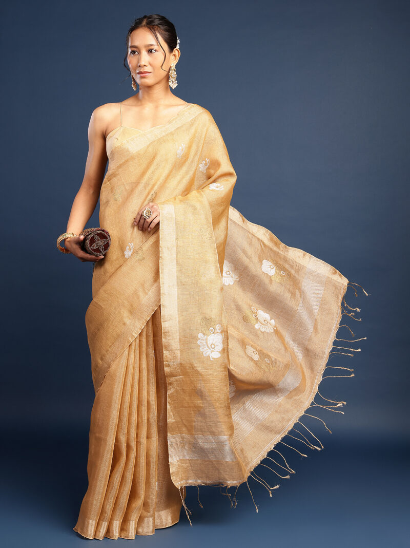 Ziya – Golden Tissue Linen Handwoven Saree with Sona Rupa Jamdani Weaving (With Blouse) - Image 4