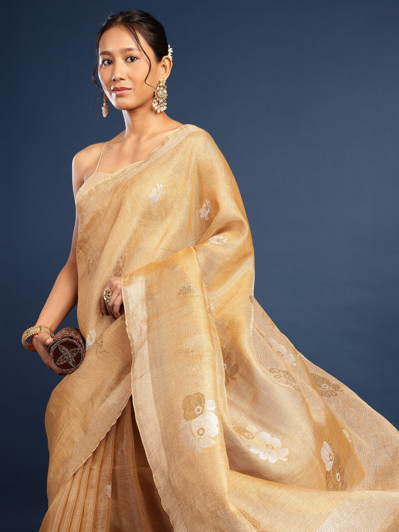 Ziya – Golden Tissue Linen Handwoven Saree with Sona Rupa Jamdani Weaving (With Blouse) - Image 5
