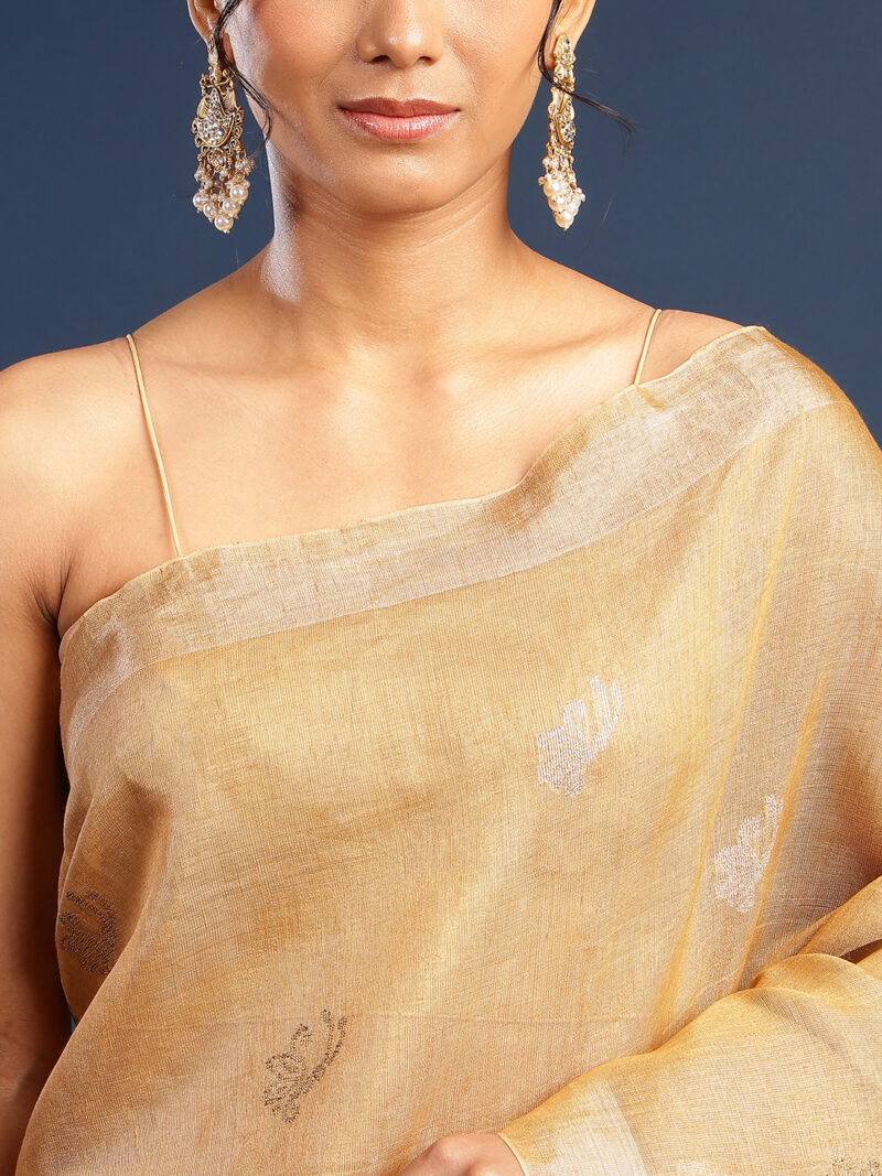 Ziya – Golden Tissue Linen Handwoven Saree with Sona Rupa Jamdani Weaving (With Blouse) - Image 6