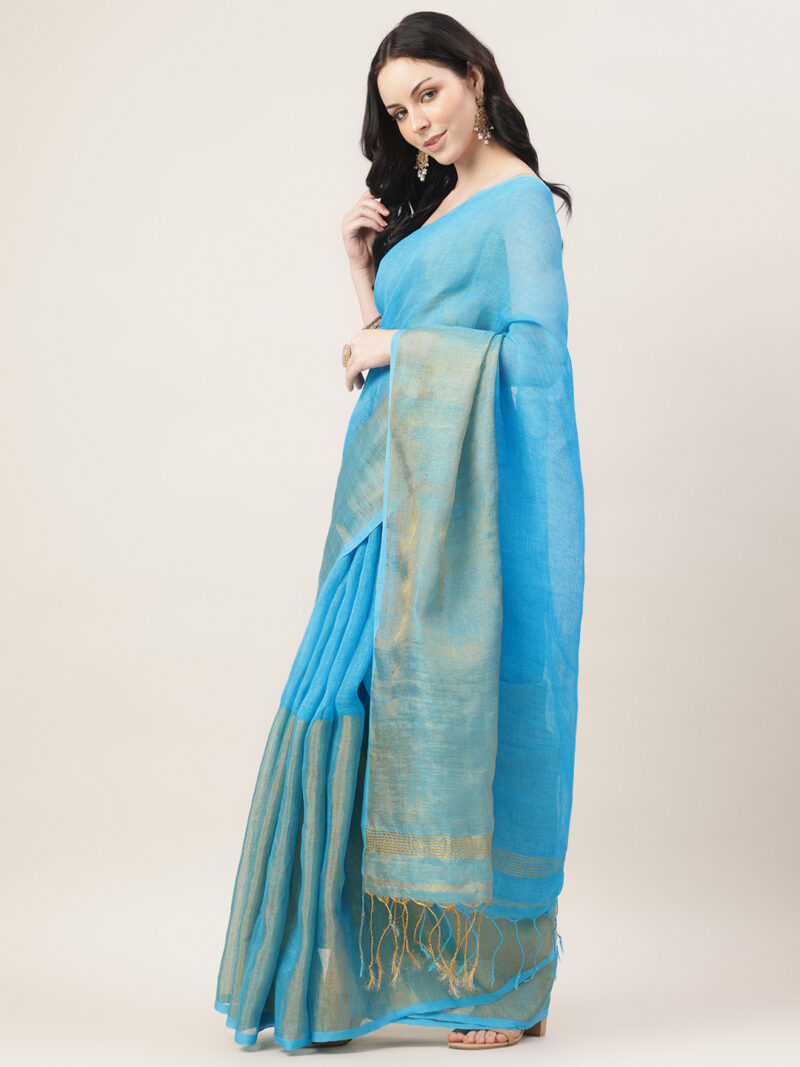 Nyra – Firozi Blue Handwoven Linen Tissue Saree - Image 2