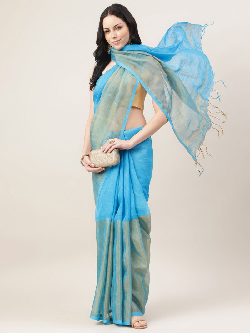 Nyra – Firozi Blue Handwoven Linen Tissue Saree - Image 4