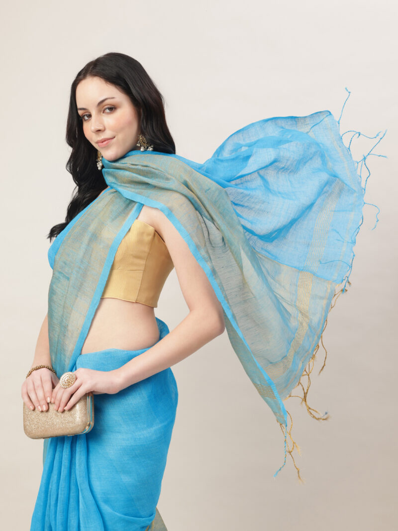 Nyra – Firozi Blue Handwoven Linen Tissue Saree - Image 5