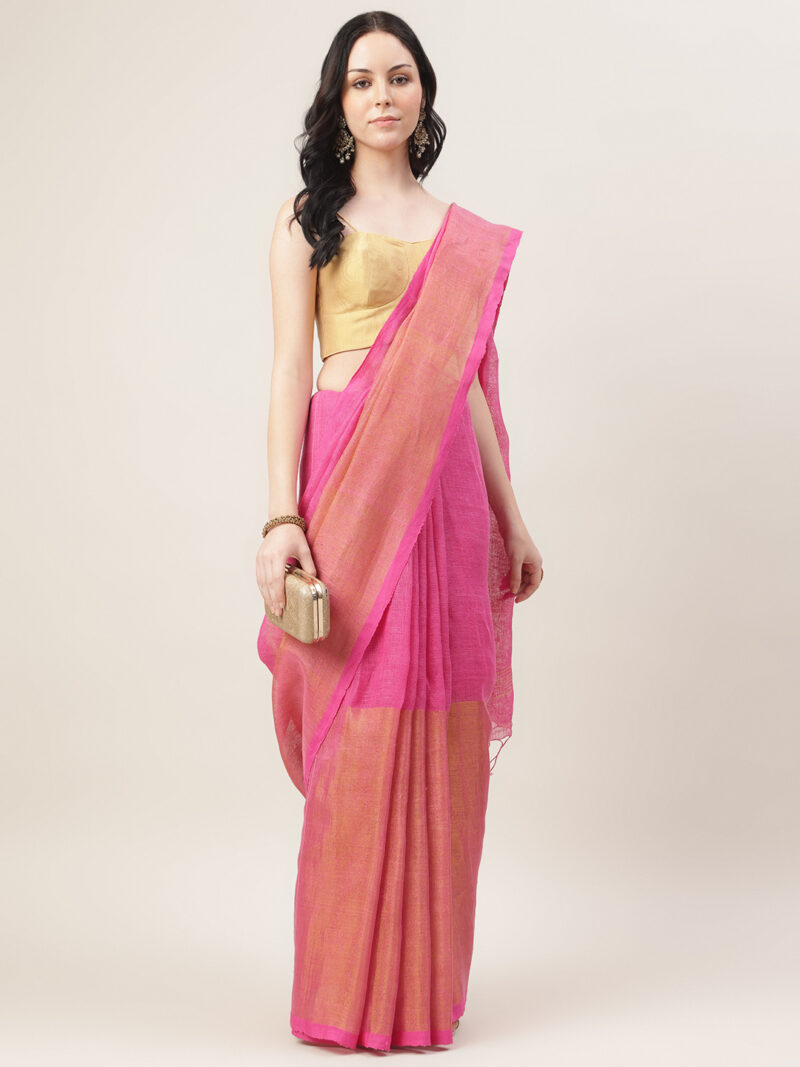 Nyra – Hot Pink Handwoven Linen Tissue Saree - Image 4