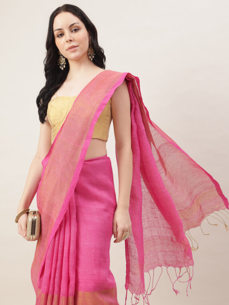 Nyra – Hot Pink Handwoven Linen Tissue Saree - Image 5