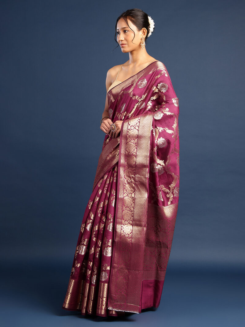 WINE CHINIA KATAN BANARASI SILK SAREE - Image 4