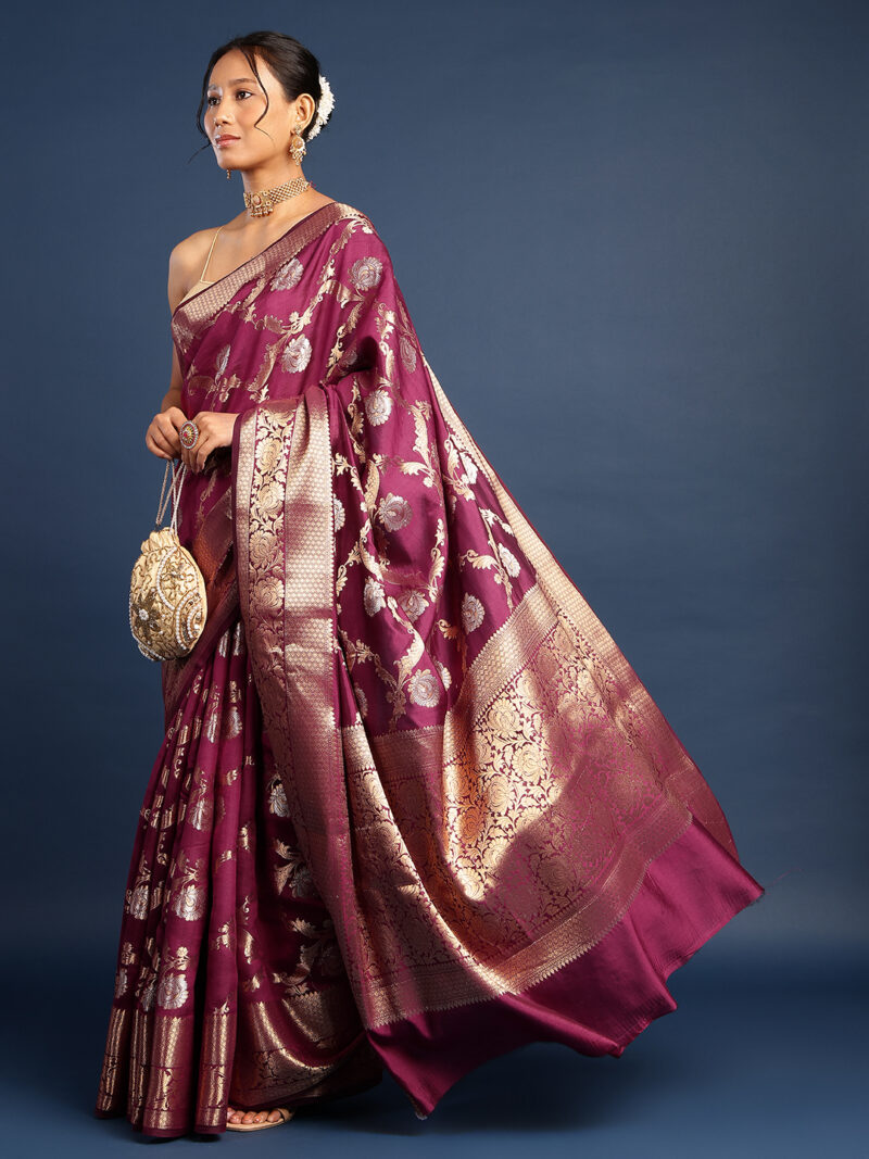 WINE CHINIA KATAN BANARASI SILK SAREE - Image 5