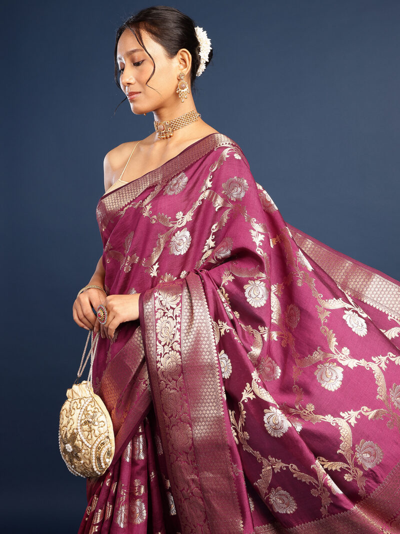 WINE CHINIA KATAN BANARASI SILK SAREE - Image 3