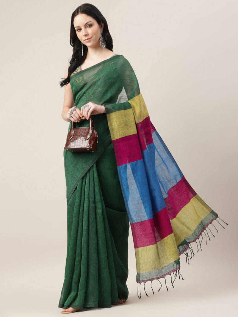Rangrez – Linen by Linen Jamdani Saree with Multicolour Pallu - Image 4