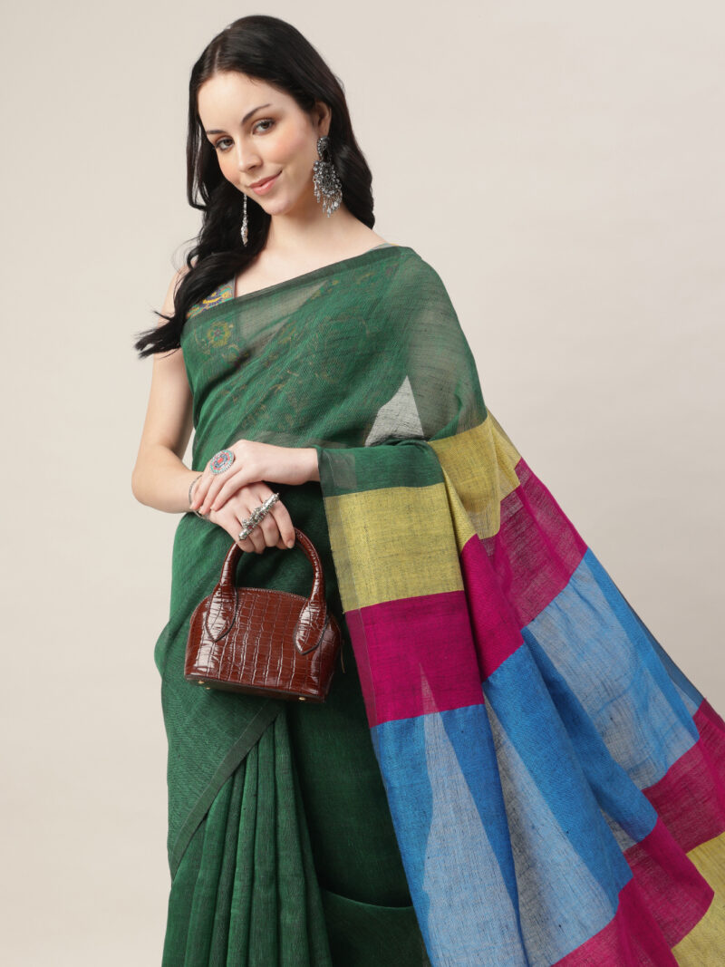 Rangrez – Linen by Linen Jamdani Saree with Multicolour Pallu - Image 5