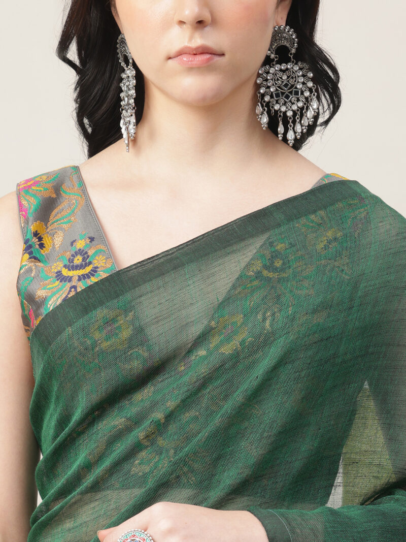 Rangrez – Linen by Linen Jamdani Saree with Multicolour Pallu - Image 7