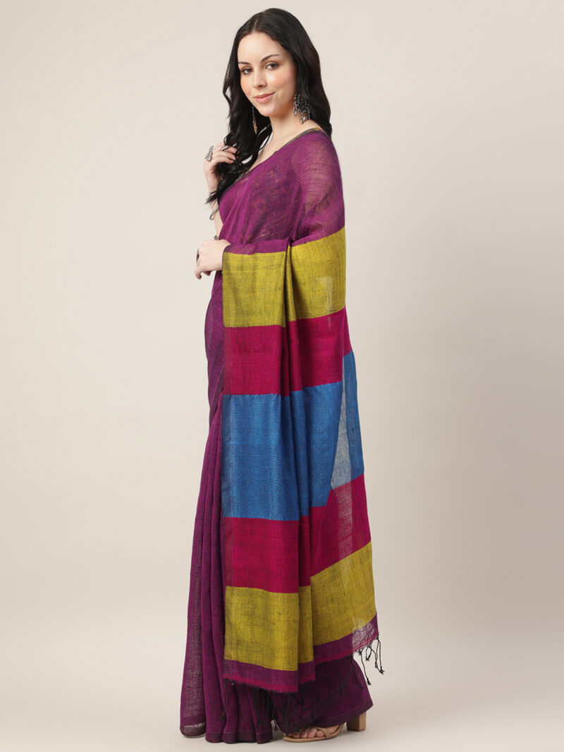 Rangrez – Linen by Linen PURPLE Jamdani Saree with Multicolour Pallu - Image 2
