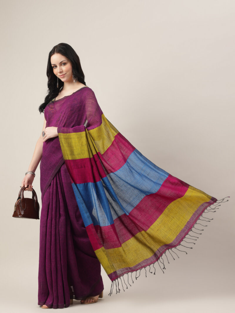 Rangrez – Linen by Linen PURPLE Jamdani Saree with Multicolour Pallu - Image 4