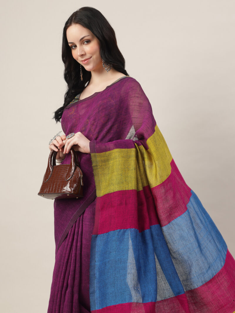 Rangrez – Linen by Linen PURPLE Jamdani Saree with Multicolour Pallu - Image 5