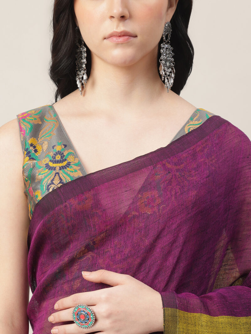 Rangrez – Linen by Linen PURPLE Jamdani Saree with Multicolour Pallu - Image 7