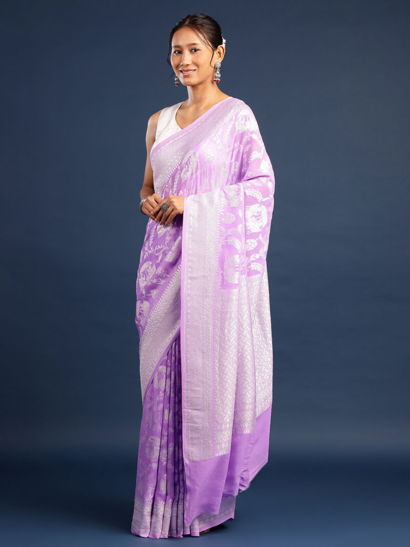 LAVENDER KHADDI GEORGETTE BANARASI SILK SAREE - Image 2