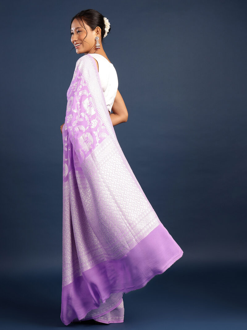 LAVENDER KHADDI GEORGETTE BANARASI SILK SAREE - Image 3