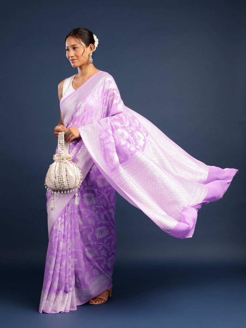 LAVENDER KHADDI GEORGETTE BANARASI SILK SAREE - Image 4