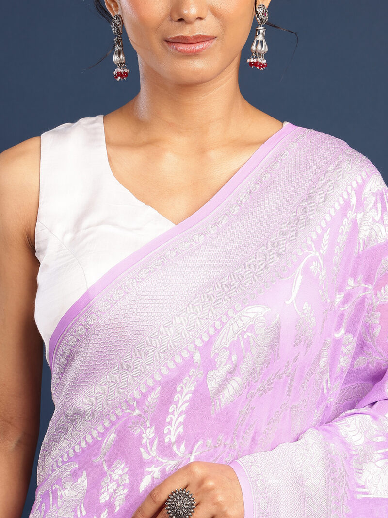 LAVENDER KHADDI GEORGETTE BANARASI SILK SAREE - Image 6