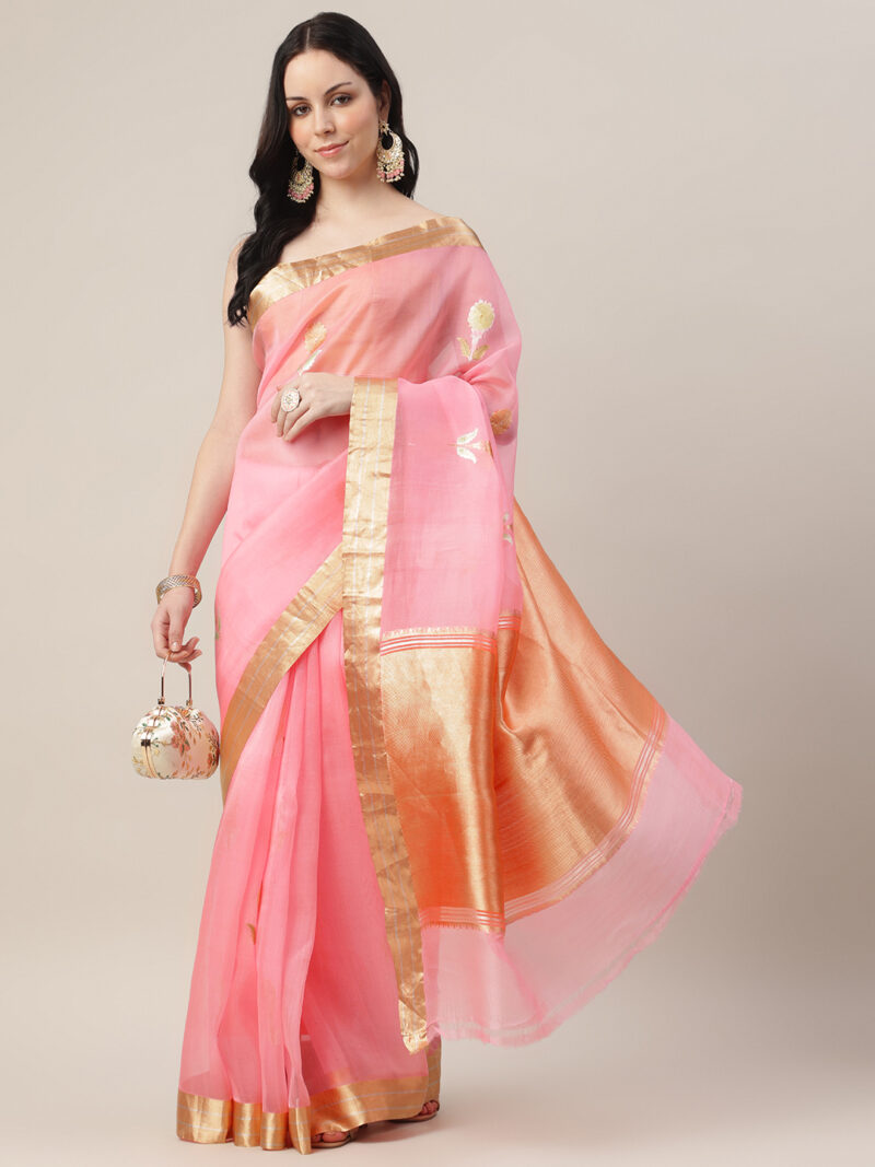 PINK KORA SILK KADWA WEAVE BANARASI SAREE - Image 4