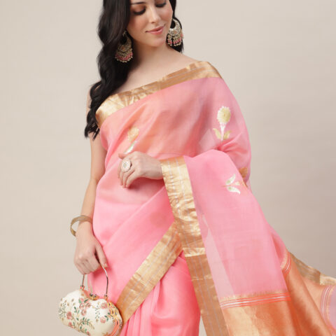 PINK KORA PURE SILK KADWA WEAVE HANDWOVEN BANARASI SAREE
