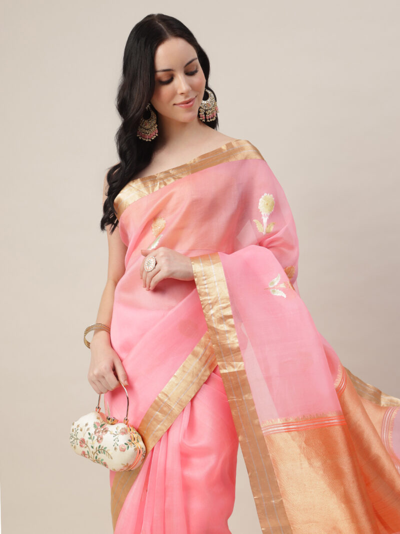 PINK KORA SILK KADWA WEAVE BANARASI SAREE - Image 5